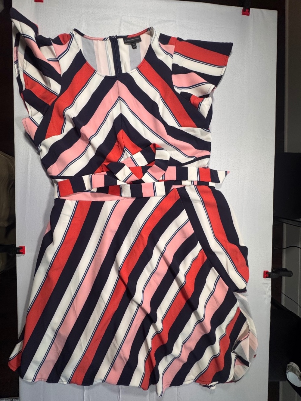 Lane Bryant Women's Striped midi Dress flutter sleeve coral with belt size 24